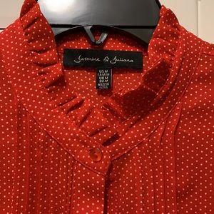Jasmine and Juliana red button down long sleeve shirt with white polka dots